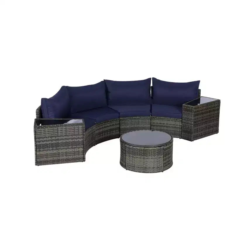 GDFStudio Halcyon Ensemble de conversation d'extérieur 7 pièces demi-lune en osier et métal avec table en verre trempé