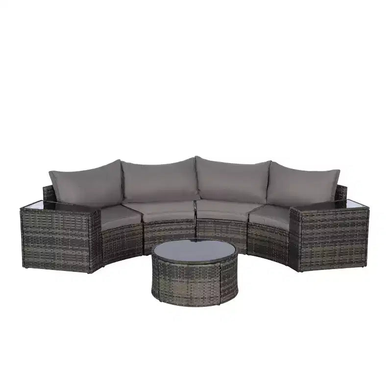 GDFStudio Halcyon Ensemble de conversation d'extérieur 7 pièces demi-lune en osier et métal avec table en verre trempé