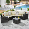 GDFStudio Halcyon 7 Piece Half-Moon Outdoor Wicker and Metal Chat Set with Tempered Glass Table