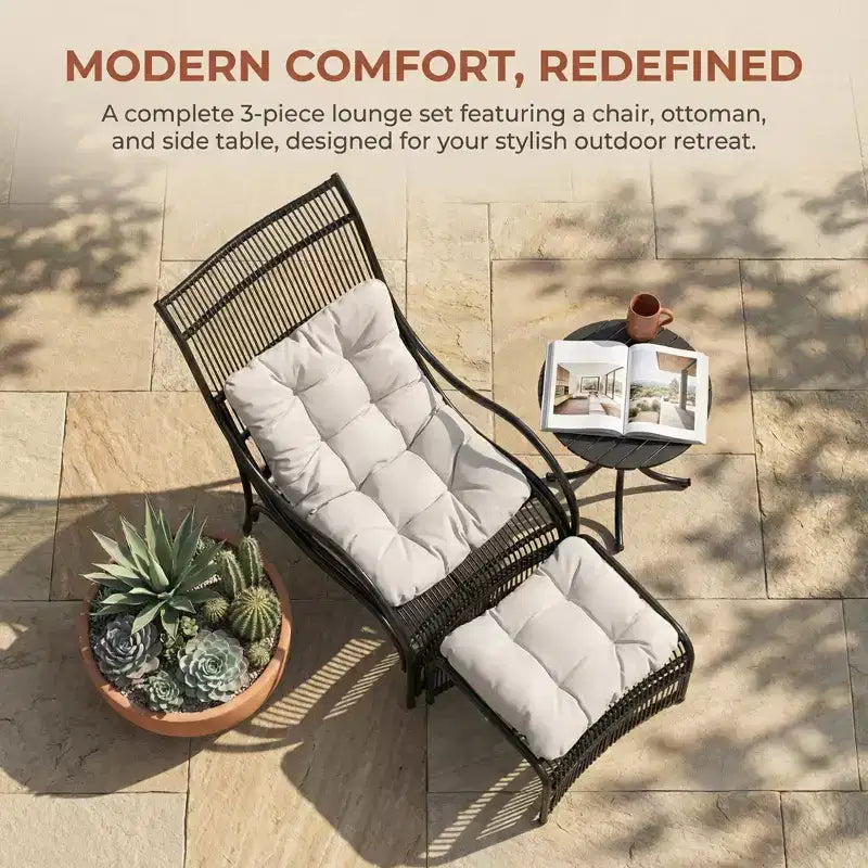 Ensemble de mobilier de jardin 3 pièces avec ottoman et table d'appoint, fauteuil en osier avec coussins pour terrasse, balcon et jardin, beige naturel