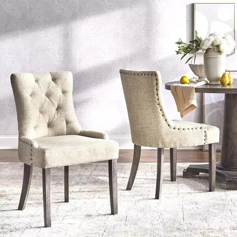 Angelo:Ensemble de salle à manger traditionnel 5 pièces Ariana gris : chaises rembourrées, bois d'hévéa, table à piédestal
