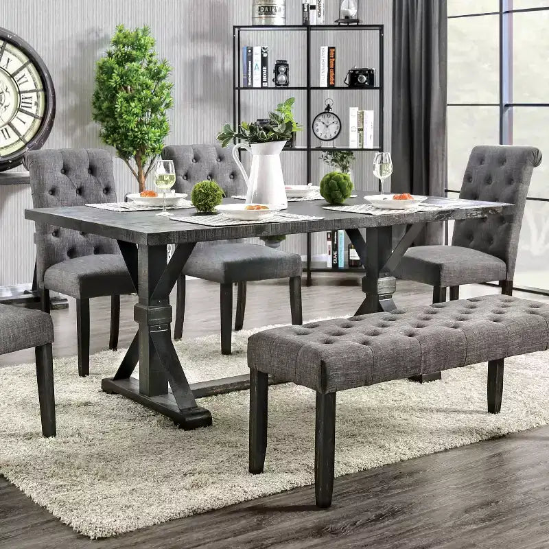 HOMES: Inside + Out Ensemble de salle à manger 7 pièces Hepburn noir antique/gris : Table rectangulaire, 6 chaises rembourrées