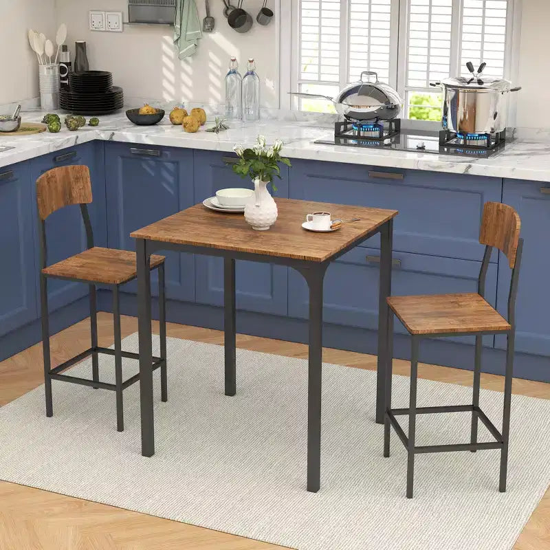 HOMCOM Ensemble table et chaises de bar 3 pièces de style industriel, hauteur comptoir, avec pieds et repose-pieds en acier