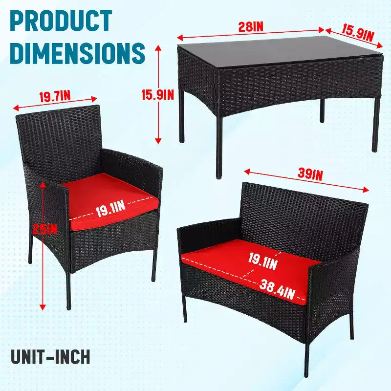 Ensemble de conversation 4 pièces FDW, résistant à l'eau, en osier pour patio, au bord de la piscine
