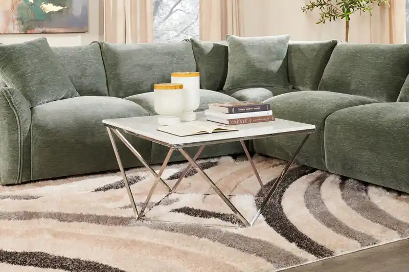 Table basse carrée moderne de 31,5 po – Plateau en marbre blanc avec base en métal chromé