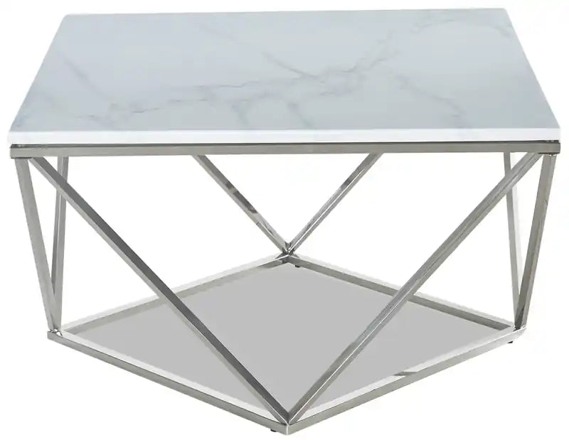 Table basse carrée moderne de 31,5 po – Plateau en marbre blanc avec base en métal chromé