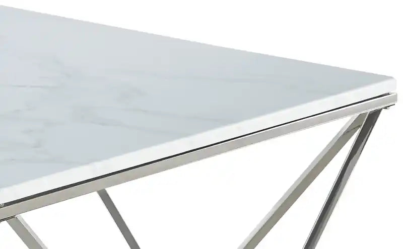 Table basse carrée moderne de 31,5 po – Plateau en marbre blanc avec base en métal chromé