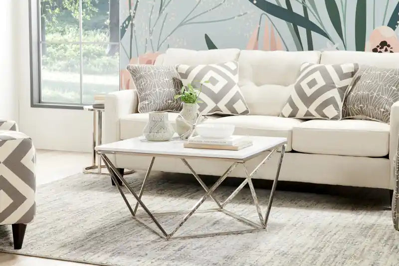 Table basse carrée moderne de 31,5 po – Plateau en marbre blanc avec base en métal chromé