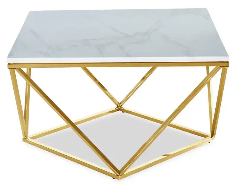 Table basse carrée moderne de 31,5 po – Plateau en marbre blanc avec base en métal chromé