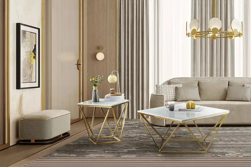 Table basse carrée moderne de 31,5 po – Plateau en marbre blanc avec base en métal chromé