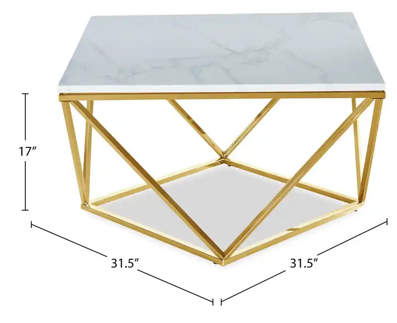 Table basse carrée moderne de 31,5 po – Plateau en marbre blanc avec base en métal chromé