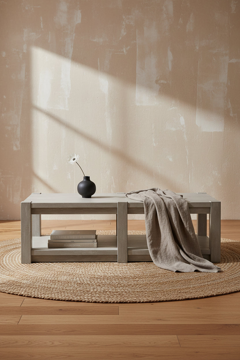 Clifford 60 Contemporary Solid Wood Coffee Table with Shelf and Casters - Calico Grey