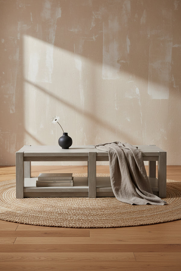 Clifford 60 Contemporary Solid Wood Coffee Table with Shelf and Casters - Calico Grey
