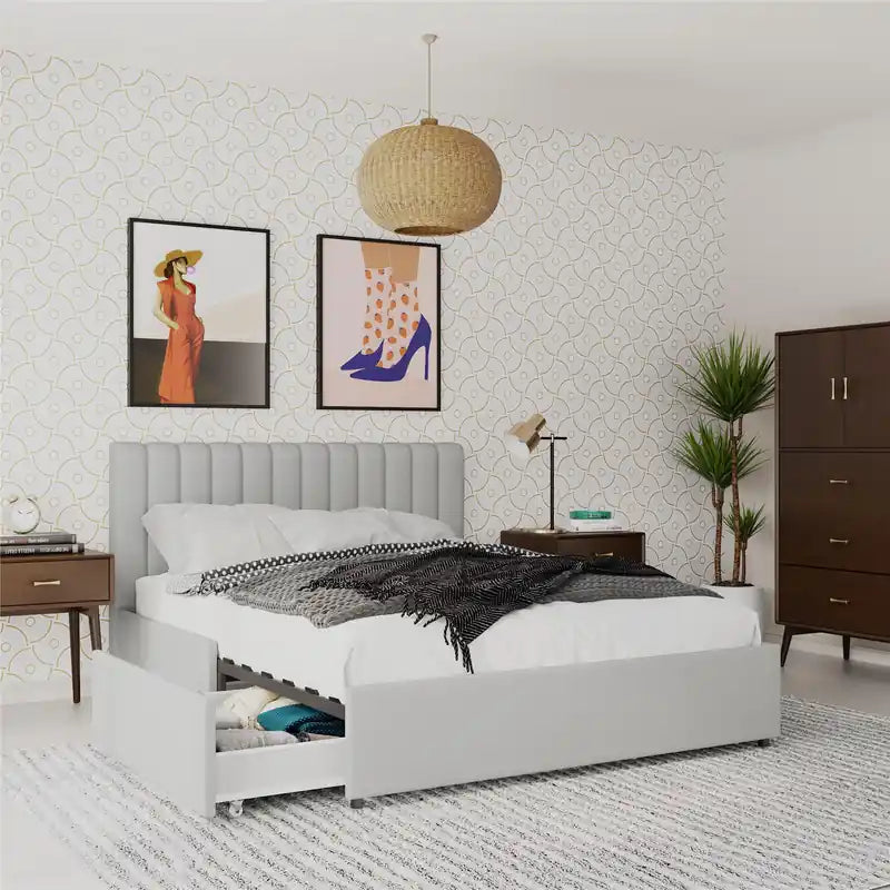 Lit Queen en tissu avec tiroirs de rangement