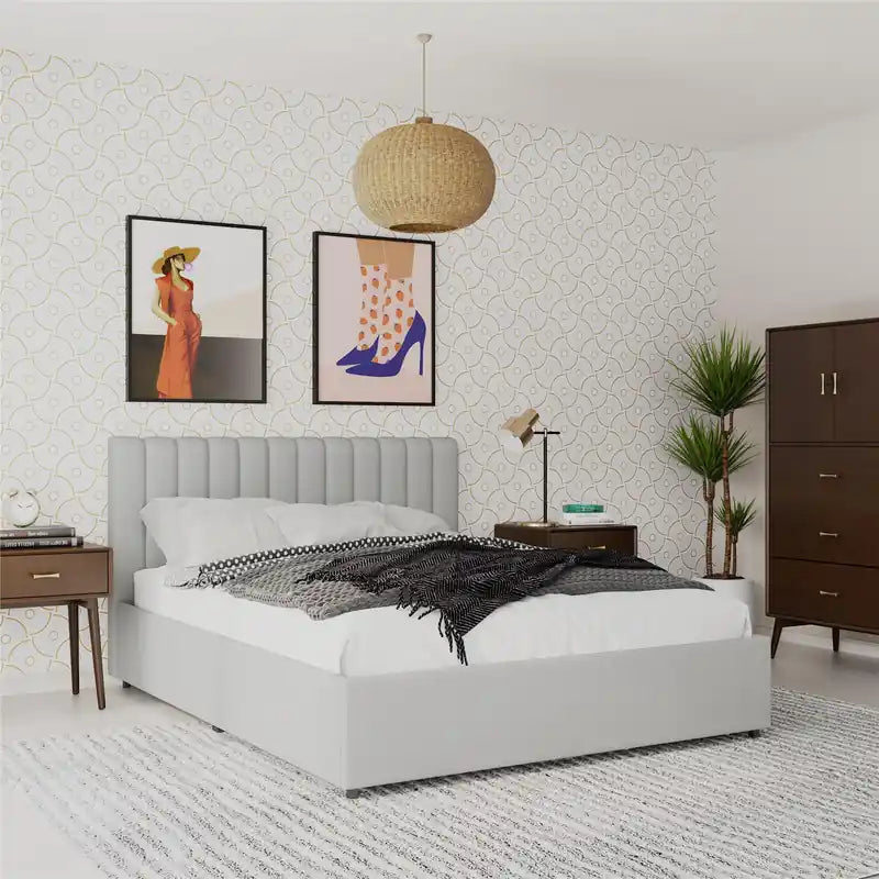 Lit Queen en tissu avec tiroirs de rangement