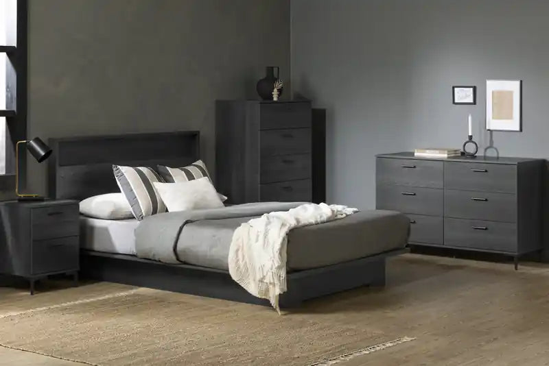 Table de chevet à 2 tiroirs avec pieds en métal - Chêne gris