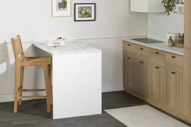 Îlot de cuisine avec rangement - Faux marbre blanc et blanc