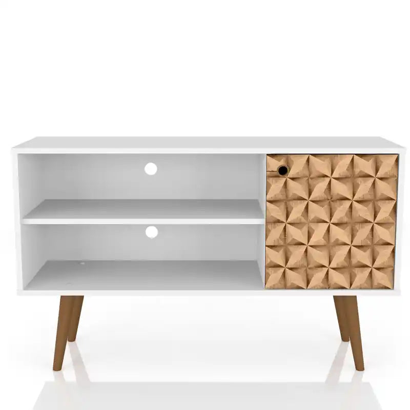 Meuble TV Mid-Century Modern de 42,52 po avec 2 étagères et 1 porte – Blanc et jaune