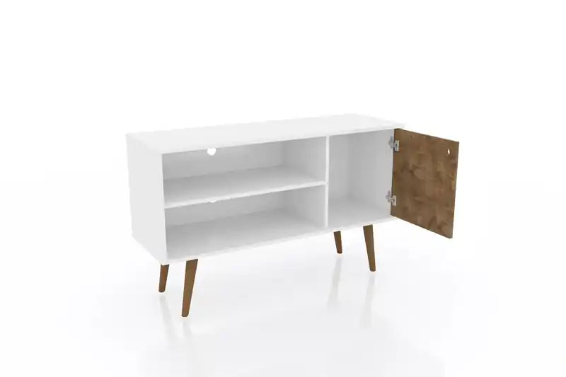 Meuble TV Mid-Century Modern de 42,52 po avec 2 étagères et 1 porte – Blanc et jaune