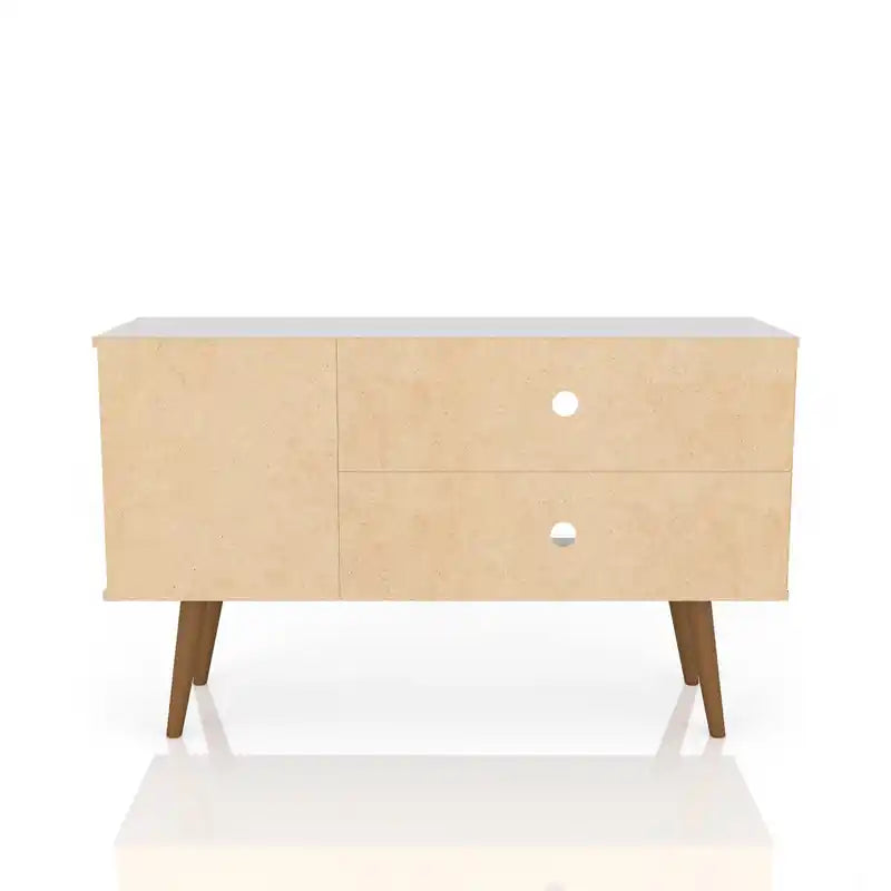Meuble TV Mid-Century Modern de 42,52 po avec 2 étagères et 1 porte – Blanc et jaune