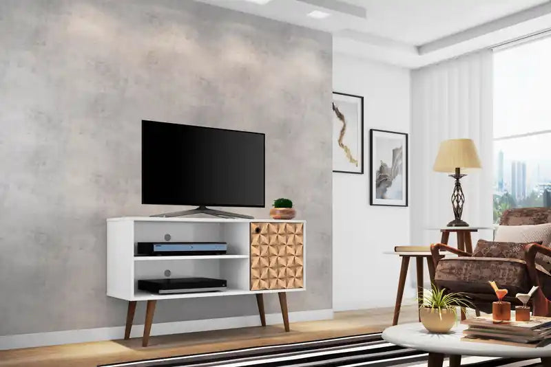 Meuble TV Mid-Century Modern de 42,52 po avec 2 étagères et 1 porte – Blanc et jaune