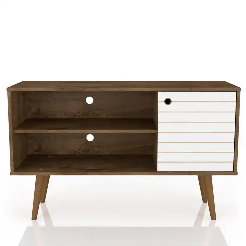 Meuble TV Mid-Century Modern de 42,52 po avec 2 étagères et 1 porte – Blanc et jaune