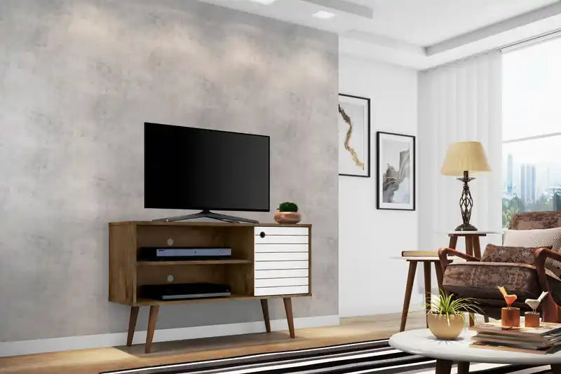 Meuble TV Mid-Century Modern de 42,52 po avec 2 étagères et 1 porte – Blanc et jaune