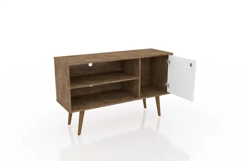 Meuble TV Mid-Century Modern de 42,52 po avec 2 étagères et 1 porte – Blanc et jaune