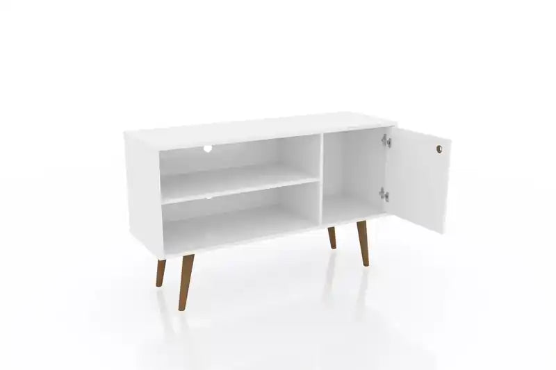 Meuble TV Mid-Century Modern de 42,52 po avec 2 étagères et 1 porte – Blanc et jaune