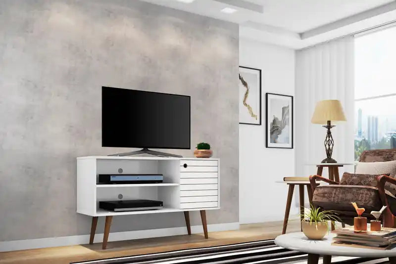 Meuble TV Mid-Century Modern de 42,52 po avec 2 étagères et 1 porte – Blanc et jaune