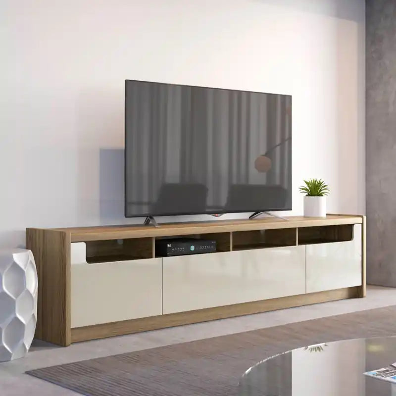 Meuble TV 72,83" avec 3 Compartiments et Étagères Multimédia - Blanc Cassé Laqué