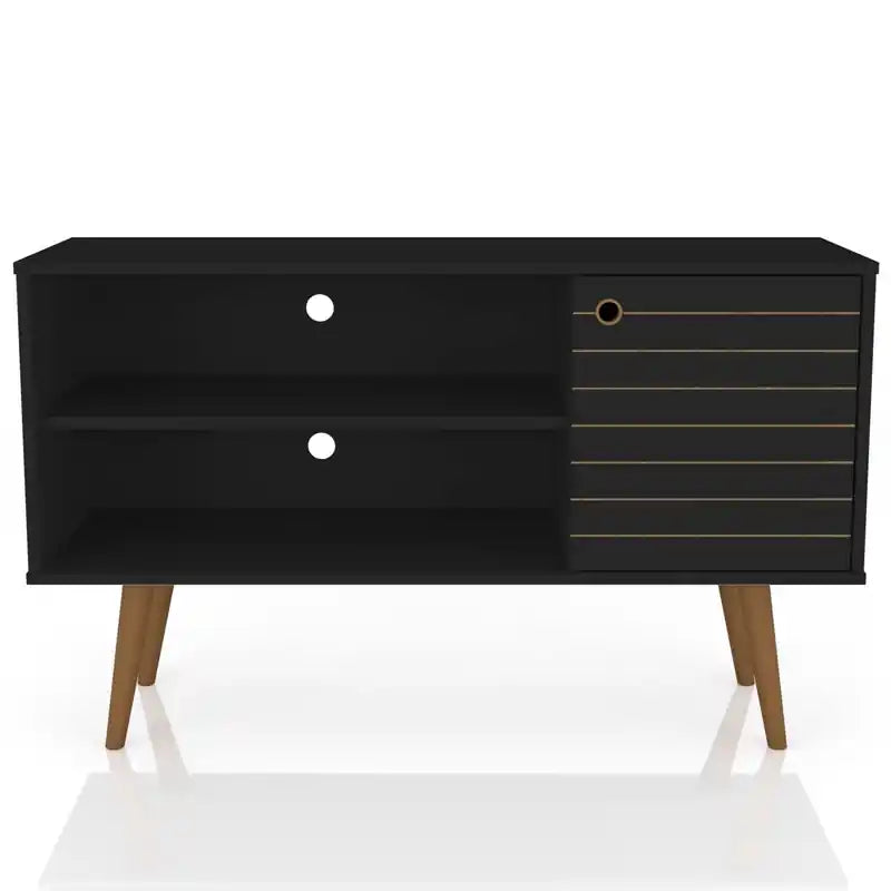 Meuble TV Mid-Century Modern de 42,52 po avec 2 étagères et 1 porte – Blanc et jaune