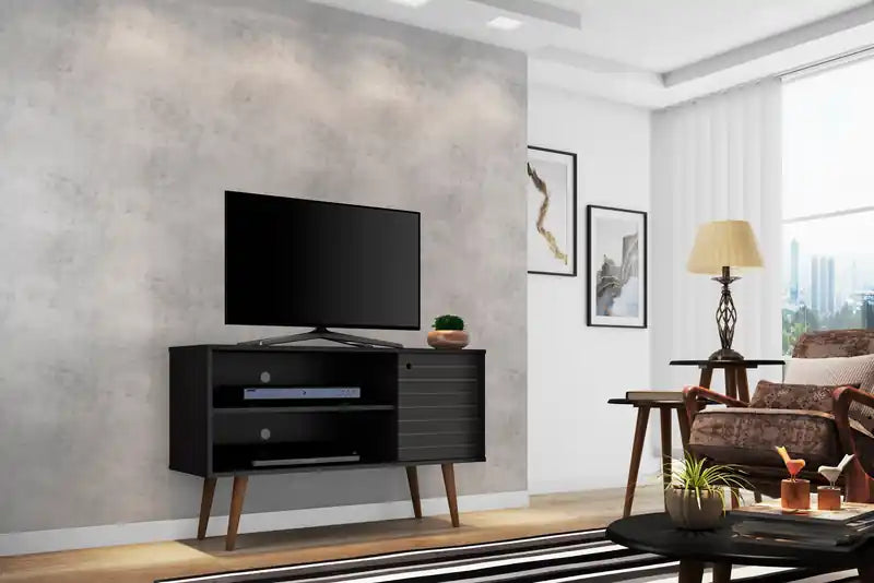 Meuble TV Mid-Century Modern de 42,52 po avec 2 étagères et 1 porte – Blanc et jaune