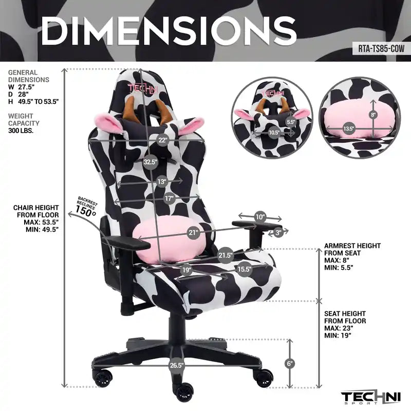 Chaise de bureau gaming imprimé vache