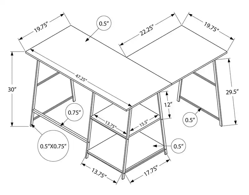 Bureau d'angle en L de 42 pouces avec étagères