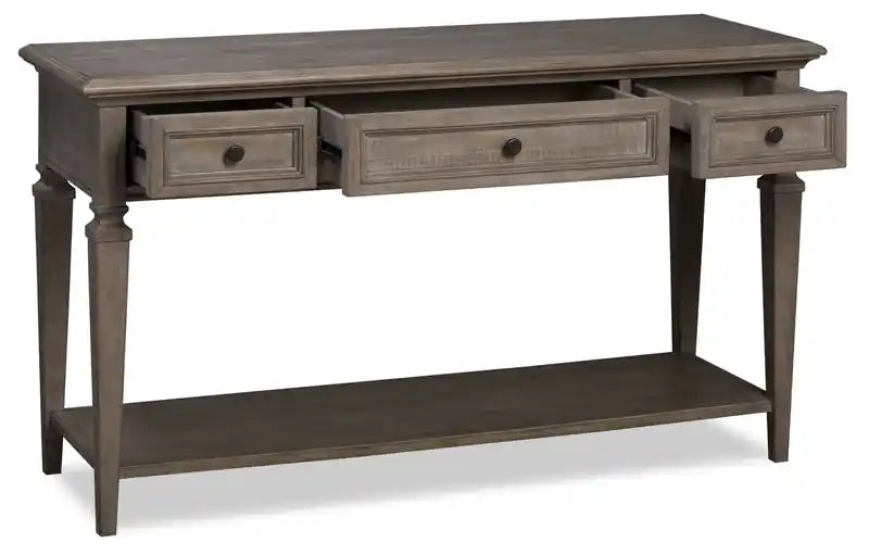Table de canapé traditionnelle 50 po avec rangement et étagère – pin gris et bronze