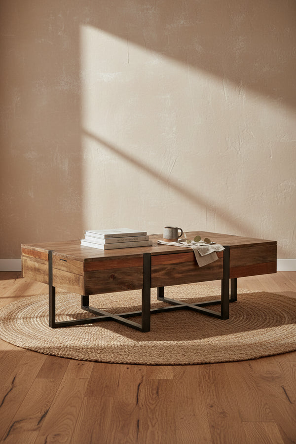Manchester 54 Rustic Coffee Table with Storage - Brown Wood with Iron Base