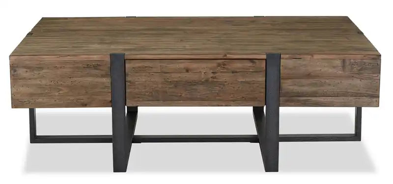 Table basse rustique avec rangement de 54 po – Bois brun avec base en fer
