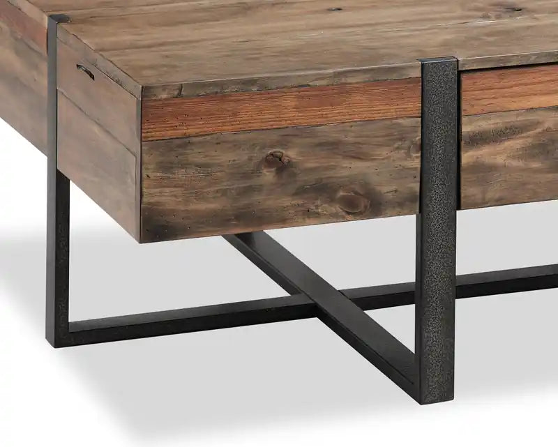 Table basse rustique avec rangement de 54 po – Bois brun avec base en fer