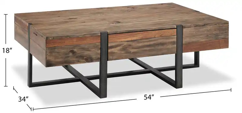 Table basse rustique avec rangement de 54 po – Bois brun avec base en fer