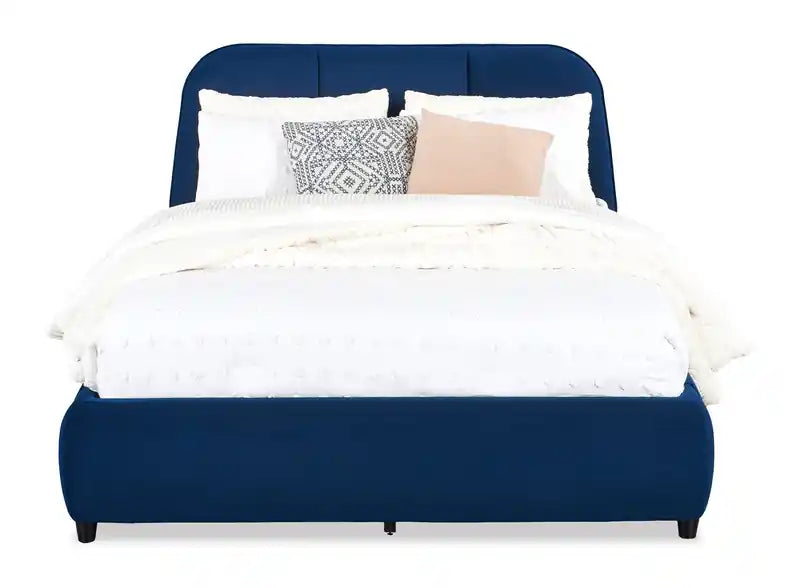 Lit plateforme rembourré en velours bleu