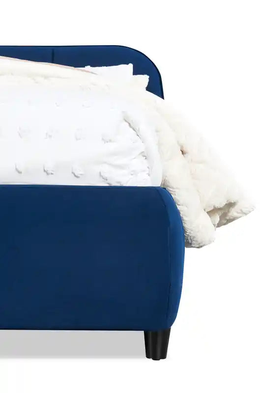 Lit plateforme rembourré en velours bleu