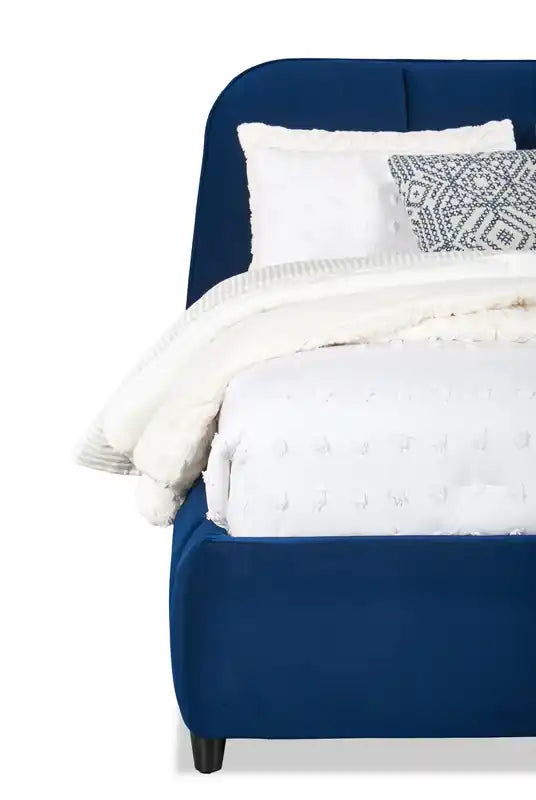 Lit plateforme rembourré en velours bleu